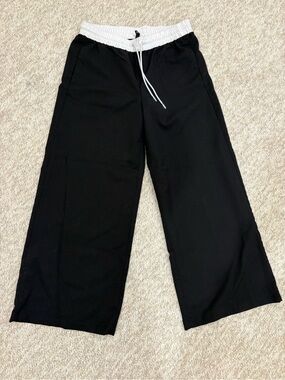 Divided Wide Leg Black Pants with White Drawstring Waist